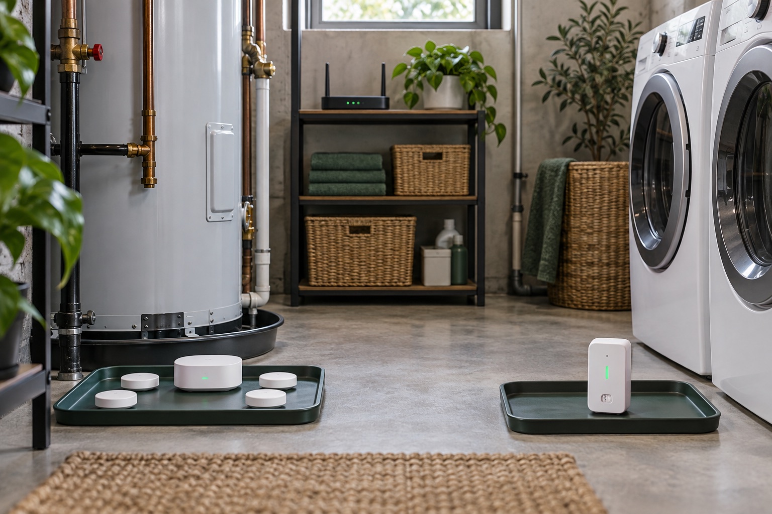 Hub-based and Wi-Fi water leak detector systems compared in a utility room